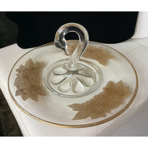 Swan Platter Candy Dish Golden Leaf & Flowers 11” W/Swan Handle Serving Dish